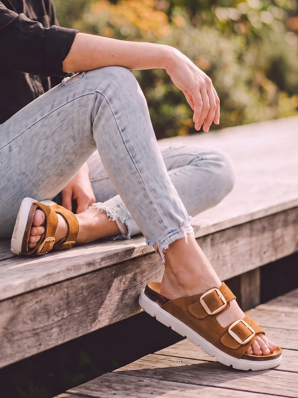 Project Cloud Greece Chunky Chestnut Suede Double-Buckle Sandals Women’s 11